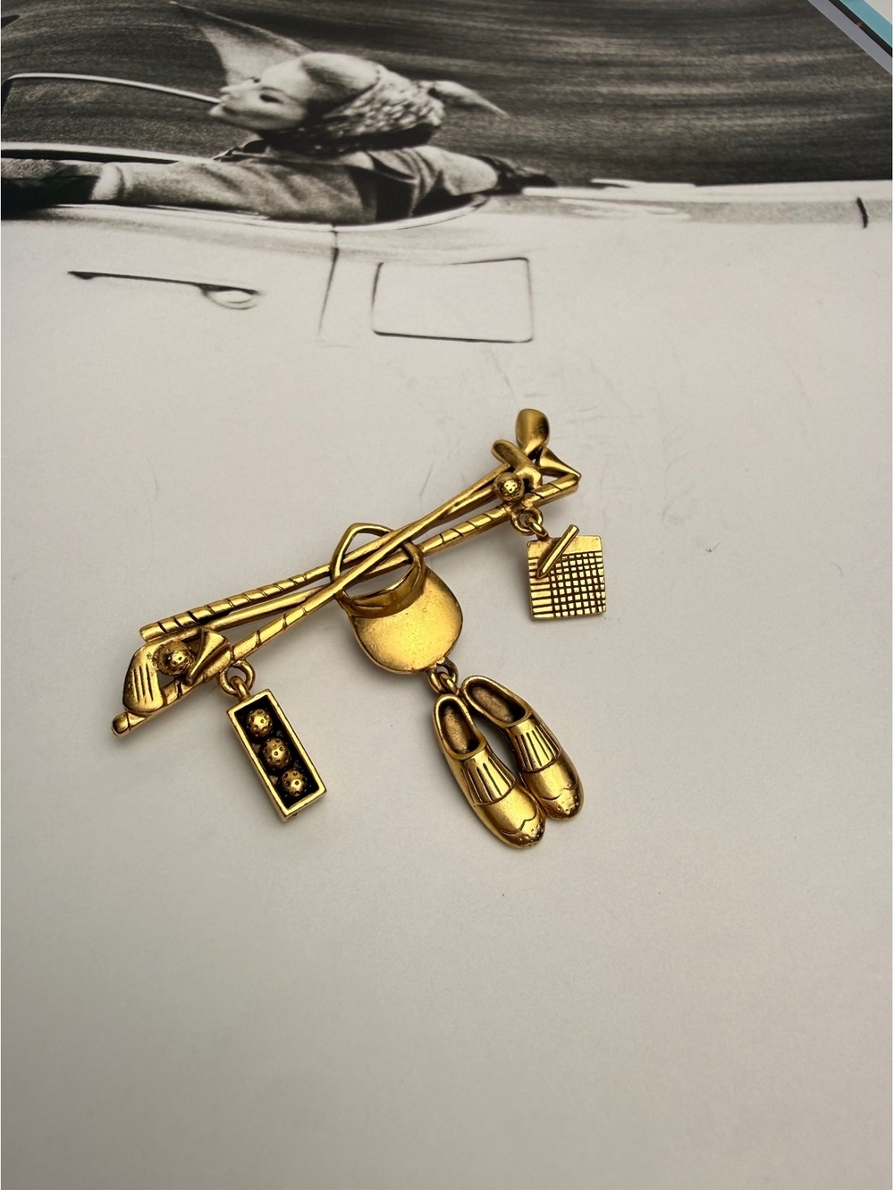 Vintage Golf Charm Brooch Gold Tone Dangling Clubs Shoes Retro Pin Danecraft